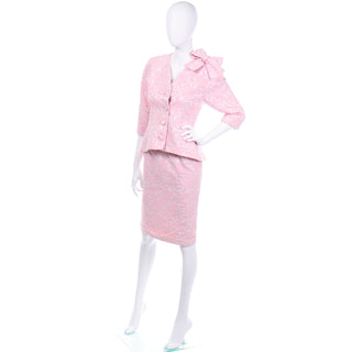 Jacket and Skirt Vintage Guy Laroche Boutique Paris Pink Floral Jacquard Skirt Suit w Bow