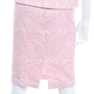 Vintage Guy Laroche Boutique Paris Pink Floral Jacquard Pencil Skirt & Jacket Suit w Bow 