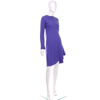 Vintage 1970s Halston Purple Wool Jersey Asymmetrical Dress Flounce