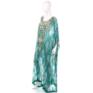 1980s Green Silk Caftan w/ Heavy Beading and Sequins