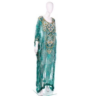 1980s Green Silk Caftan w/ Heavy Beading and Sequins