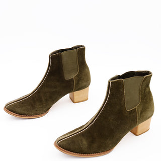 1990s Issey Miyake Plantation Vintage Green Suede Low Boots with wood heels