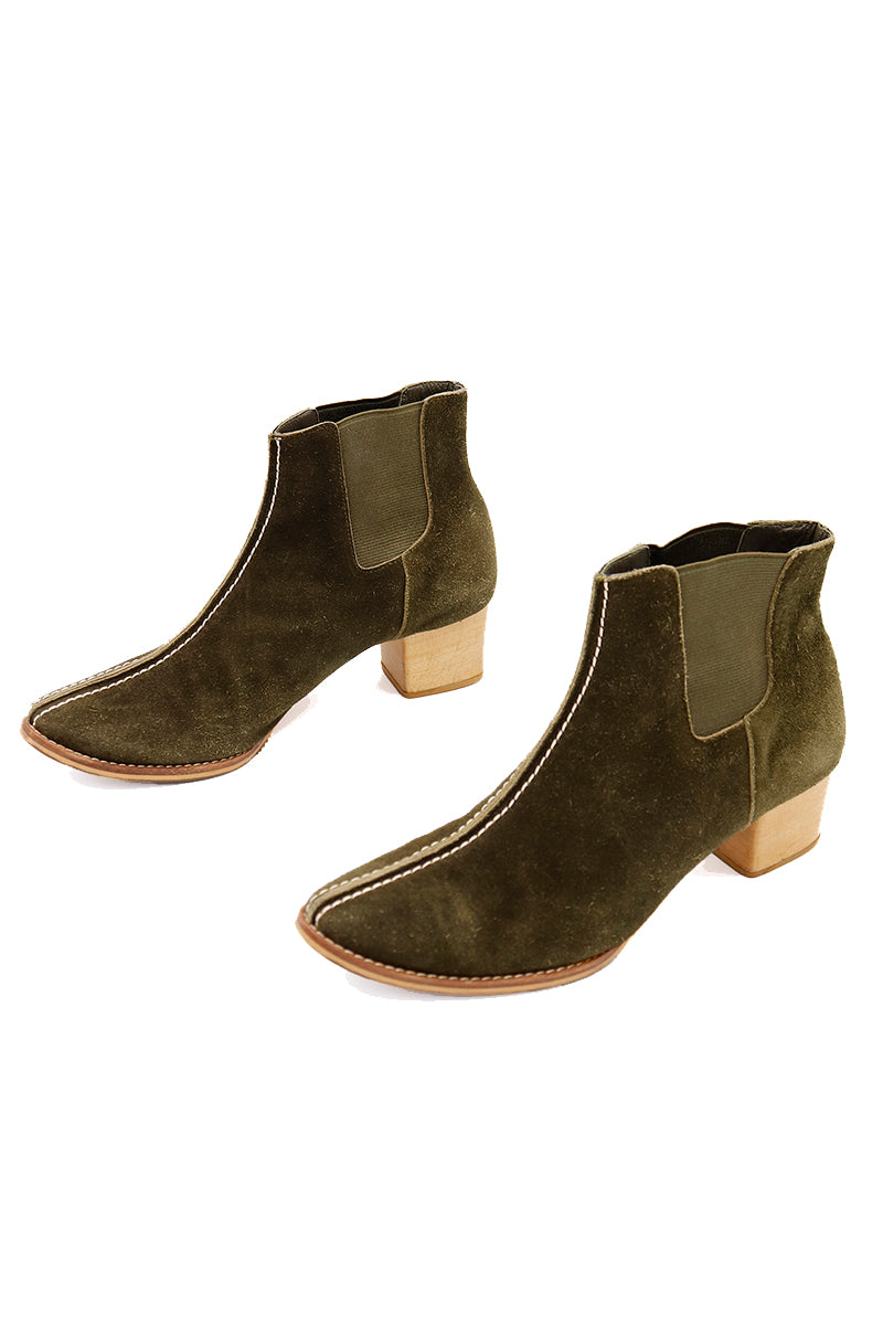 Issey Miyake Plantation Vintage Green Suede Low Boots w Wood Heels – Modig