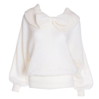 1980s Italian White Mohair Wool Blend Bow Sweater w Wide Collar Made in Italy in the 80s