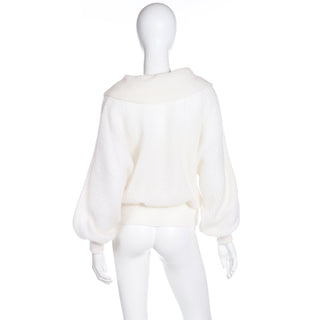 1980s Italian White Mohair Wool Blend Bow Sweater w Wide Collar S/M