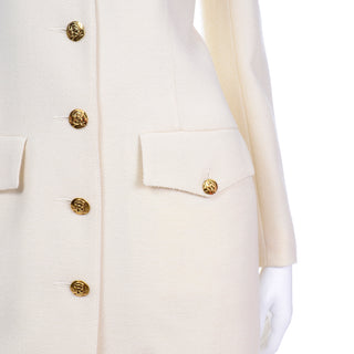 Elegant Sonia Rykiel Ivory Wool Longline Blazer High Waisted Trousers Pantsuit