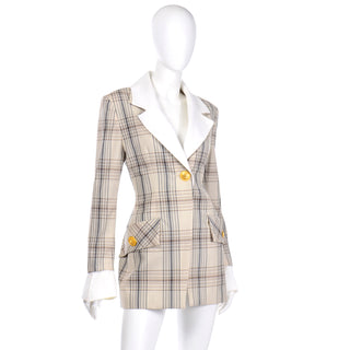Vintage 1990s Jacques Fath Plaid Jacket with Removable Collar & Cuffs France