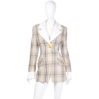 Vintage 1990s Jacques Fath Plaid Jacket with Removable Collar & Cuffs 6/8