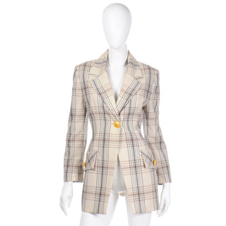 Vintage 1990s Jacques Fath Grey Tan & Brown Plaid Jacket with Removable Collar & Cuffs