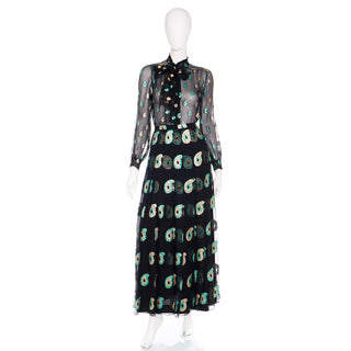 1970s Jean Patou Black Silk Sheer Dress w/ Metallic Paisley Embroidery