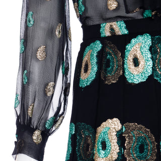 1970s Jean Patou Black Silk Evening Dress w/ Metallic Paisley Embroidery S