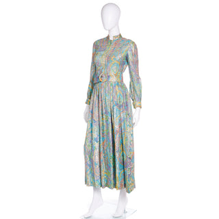 1970s Larry Aldrich Colorful Paisley Print Gold Metallic Maxi Dress with belt