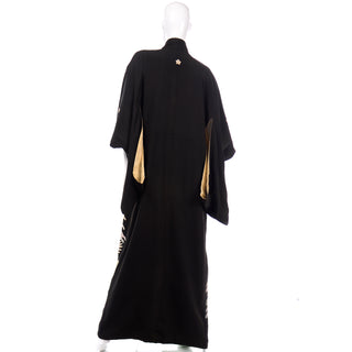 Vintage Long Black Silk Tomesode Japanese Kimono W Mon and Cranes