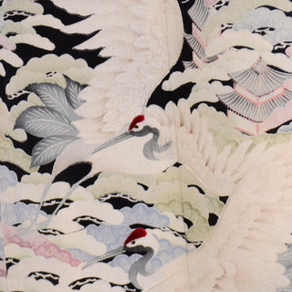 Vintage Long Black Silk Tomesode Japanese Kimono W Mon and Cranes
