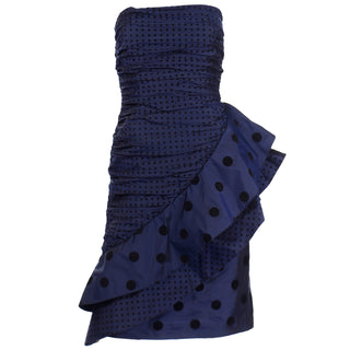 Vintage Louis Feraud Strapless Blue Polka Dot Ruffled 1980s Evening Dress Paris