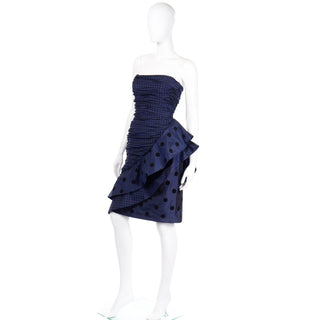 Vintage Louis Feraud Strapless Blue Polka Dot Ruffled silk taffeta 1980s Evening Dress