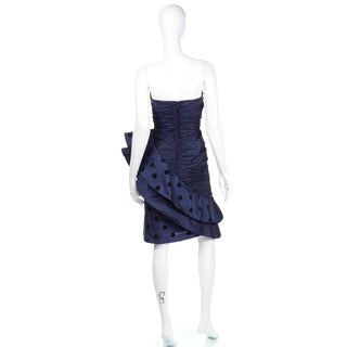 Silk Vintage Louis Feraud Strapless Blue Polka Dot Ruffled 1980s Evening Dress