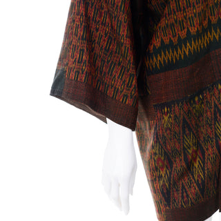 1960s Vintage Olive Green Rust Print Kimono Jacket Mid Century