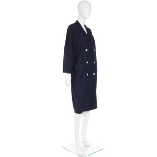 1990s Max Mara Summer Weight Lightweight Wool Navy Blue Double Breasted Coat