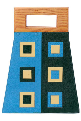 Blue & Green Vintage Modernist Geometric Leather Art Handbag With Wallet