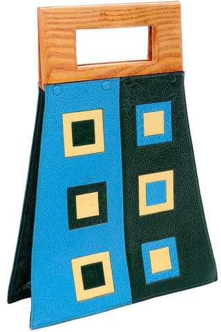 Vintage Modernist Geometric Leather Art Handbag With Wallet Blue & Green
