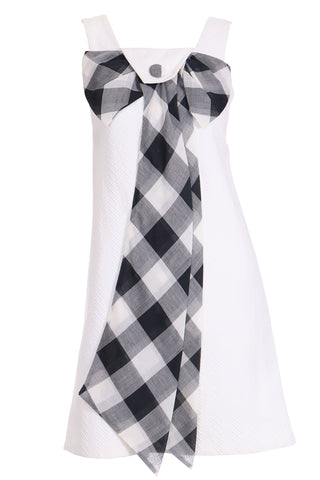 1960s Mod Vintage Dress in White Cotton Pique W Black Plaid Check Bow