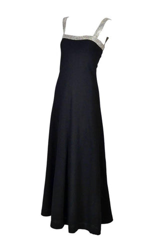 1970s Vintage I Magnin Black Evening Gown Dress W/ 6 Rows of Rhinestones