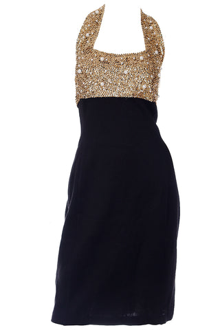 1990s Vintage gold and black halter evening dress with beads