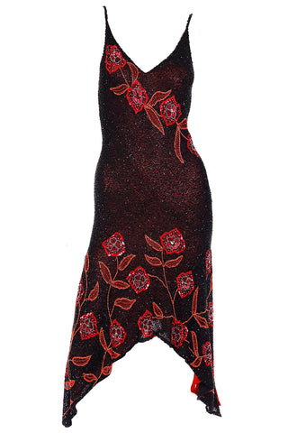 2000s Vintage Black & Red Asymmetrical Hem Silk Beaded Evening Dress