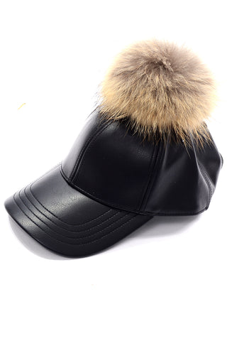 Furtalk Black Baseball Cap Hat Removable Fur Pom pom One Size Adjustable fit
