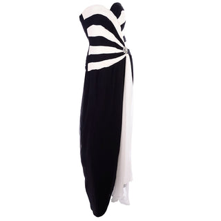 Vintage Black and White Silk Chiffon Dress Strapless Evening Gown w ruching