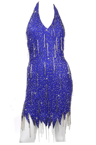 1990s Vintage Blue Silk Beaded Fringe Evening Halter Mini Dress