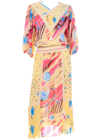 Diane Freis Vintage 1980s Yellow Pink Blue & Brown Print Dress with tassel