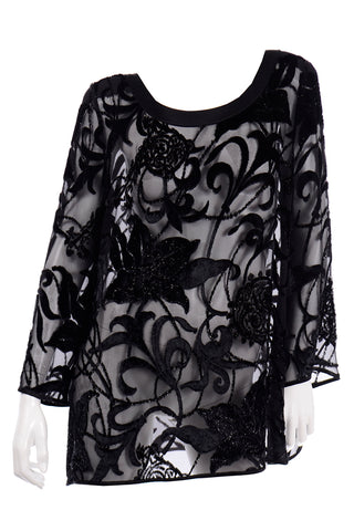 Escada Couture vintage Black Burnout Velvet Shimmer Tunic Evening Top Blouse