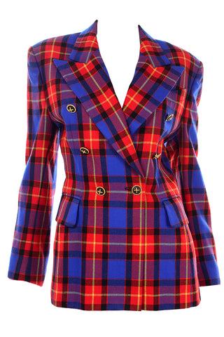 Margaretha Ley for Escada Vintage Red & Blue Wool Plaid Blazer Jacket