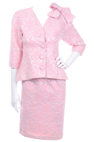 Vintage Guy Laroche Boutique Paris Pink Floral Jacquard Skirt Suit w Bow