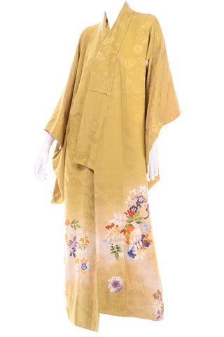 Vintage Marigold Yellow Silk Long Japanese Iro Tomesode Kimono