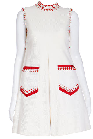 1960's Rare Oscar de la Renta Boutique Ivory Vintage Dress w Red Beads