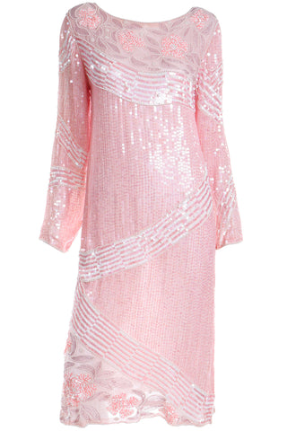 1970s Pink Beaded Sequin Silk Evening Dress 1970s Pink Beaded Sequin Silk Evening Dress