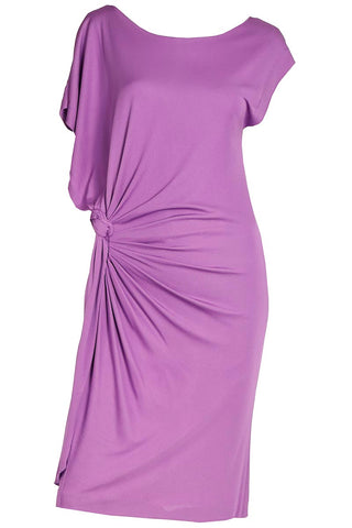 2000s Asymmetrical Y2K Purple Silk Jersey Gathered Knotted Dress