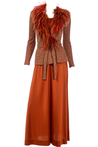 1970s Vintage Burnt Orange Jersey Maxi Dress w Ostrich Feather Sweater Top