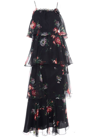 1970s Vintage 2 Pc Black Floral Sheer Tiered Ruffled Dress Maxi