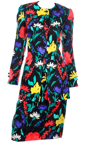 1990s David Hayes Colorful Silk Floral Jacket & Skirt Suit