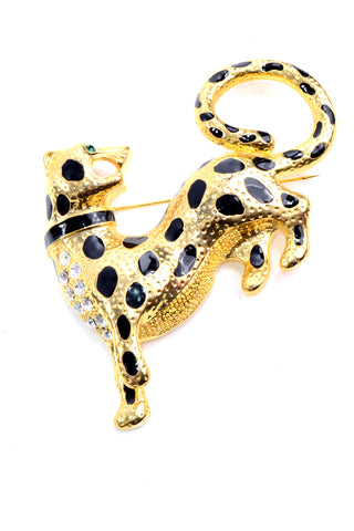 Vintage Gold Leopard Brooch w Rhinestones