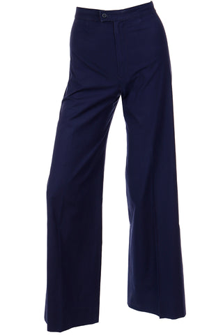 1980s Yves Saint Laurent Navy Blue Cotton High Waist Wide Leg Trousers