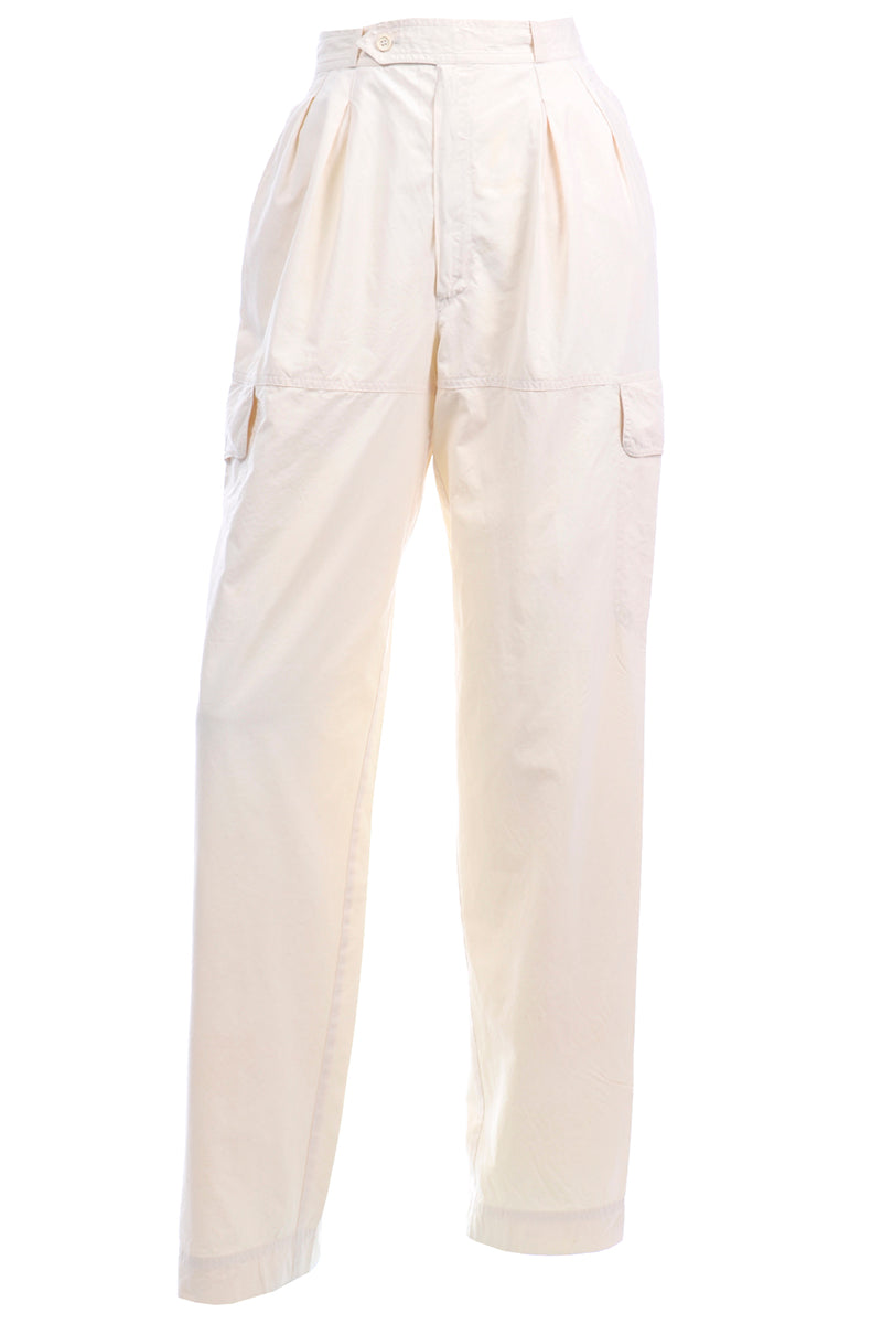 1980s Yves Saint Laurent Cream High Waisted Pants w Cargo Pockets