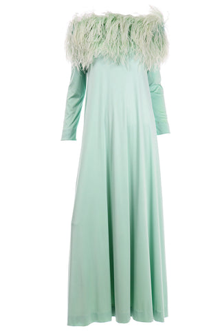 Vintage Green Jersey 1970s Maxi Dress w Ostrich Feathers