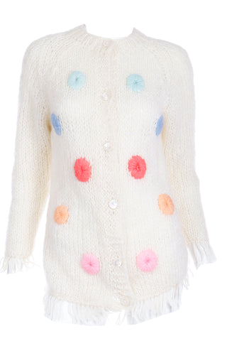 1970s Italian Mohair Blend Vintage Cream Sweater w Colorful Dots & Fringe