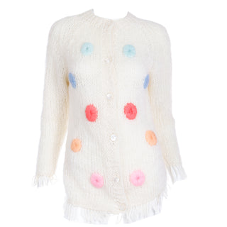 1970s Italian Mohair Blend Vintage Cream Sweater w Colorful Big Dots & Fringe