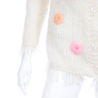 1970s Italian Mohair Blend Vintage Cream Sweater w Colorful Dots & Fringe Cardigan